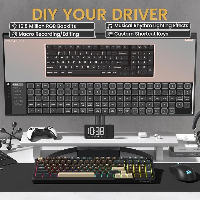 Redragon K742 Wireless Mechanical Gaming Keyboard with Knob Bluetooth 5.0/2.4GHz/USB C Wired Creamy Keyboard with Number Pad for PC Computer RGB Backlits Hot-Swappable with Linear Switches (Brown)