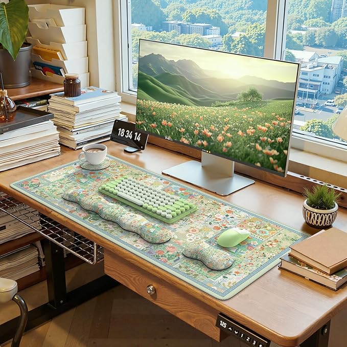 iLeadon Mouse Pad and Keyboard Wrist Rest Large Computer Desk Mat Mouse Pad Set with Wrist Pad for Keyboard Cute Green Desk Pad Mat with Non Slip Base Office Home(Floral)