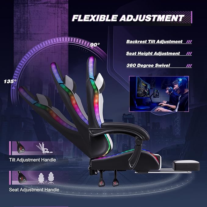 Homall Gaming Chair Video Game Chair with Footrest and Massage Lumbar Support Ergonomic Computer Chair Height Adjustable with Swivel Seat and Headrest (RGB Lvory)