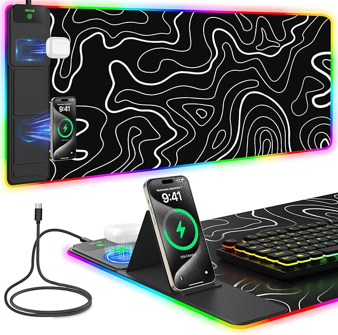 Mouse Pad with Foldable Phone Holder &amp Wireless Charger XXL RGB Gaming Mousepad 31.5x15.8 Large Desk Mat for Keyboard Black Desk Pad with Dual Qi Charging Station | 11 Colors 5 Modes | Waterpr