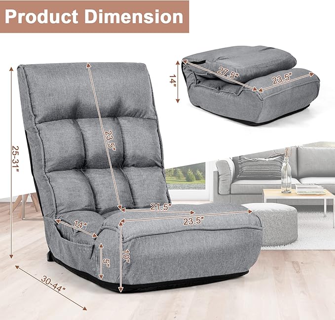 MAT EXPERT Folding Floor Chair Floor Gaming Chair w/ 4-Position Backrest 5-Position Adjustable Headrest Side Pocket Indoor Floor Chair w/Back Support for Bedroom Living Room (Grey)