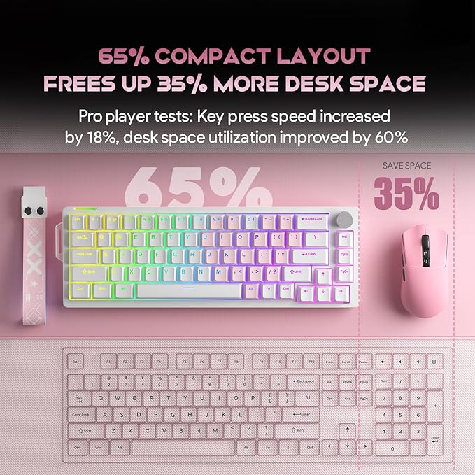 68% Wired Gaming Keyboard with Volume Knob RGB Backlit Mechanical Keyboard Gasket Mount with PBT Keycaps8000 Hz Polling Rate Hall Effect Cream Switches Hot-Swap for FPS Games (White+Pink)