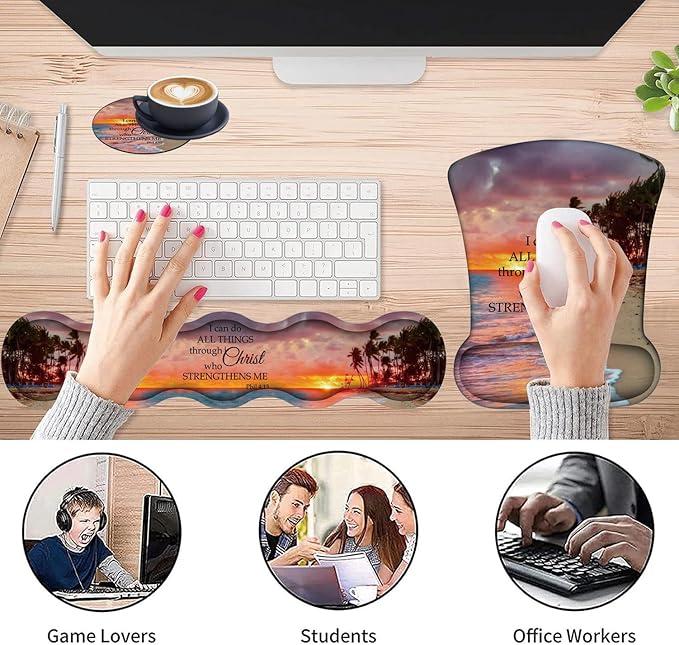 3 in 1 Keyboard Wrist Rest + Mouse Pad and Coaster Ergonomic Gel Mouse Pad and Keyboard Pad Set Comfortable Lightweight for Easy Typing Pain Relie Sunset Beach