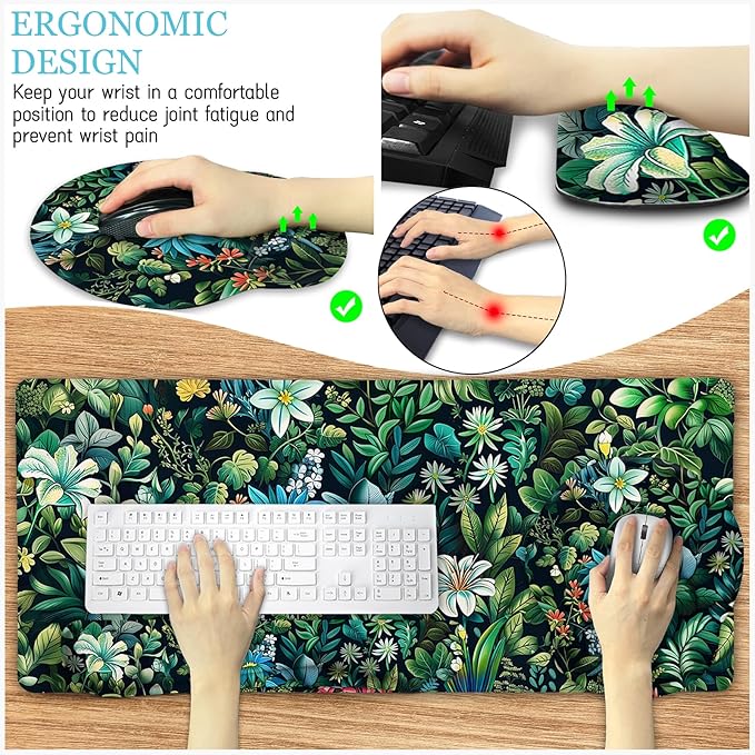 Floral Mouse Pad Large Desk Mat Set Green Ergonomic Mouse Pad with Wrist Rest Keyboard Wrist Support XXL Mousepad Cup Coaster Set Cute Green Office Desk Accessories Decor Supplies