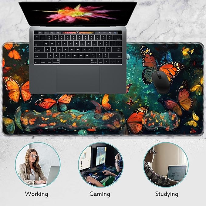 Keyboard Wrist Rest and Mouse Pad Set31.5x11.8 Inches Desk MatWaterproof Non-Slip Ergonomic Wrist Support for Pain ReliefExtended Desk Protector for Office Home GamingButterfly