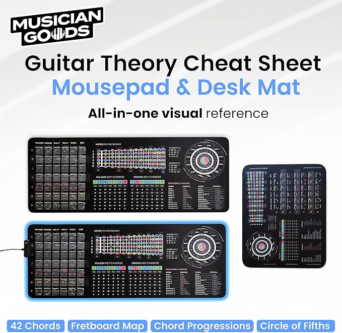 Guitar Theory Cheat Sheet Mousepad – 35×25cm &amp 80×30cm – Chords Scales Fretboard Notes Circle of Fifths – Right-Handed Desk Mat – Optional LED Version (XXL with LED (800x300mm))
