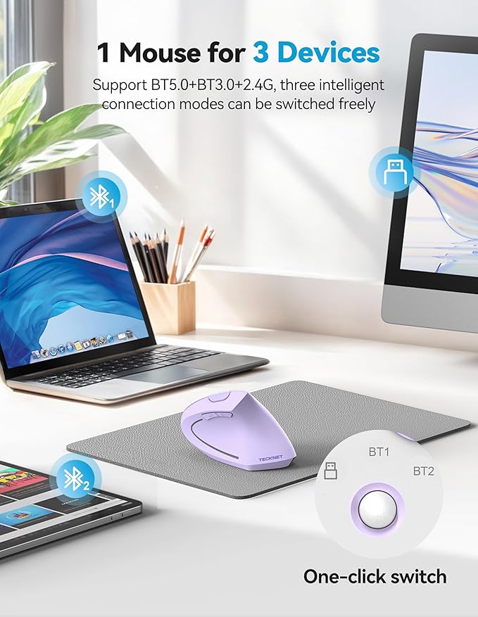 TECKNET Ergonomic Mouse Rechargeable 2.4G+Bluetooth Vertical Mice 6 DPI Adjustable Wireless Optical Carpal Tunnel Mouse Right Hand Multi Device for Laptop PC Computer MacBook - Light Purple