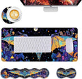 Mouse PadLarge Desk Mat Set 4in1 XL Mousepad + Keyboard Wrist Rest+Mouse Wrist Rest+Coaster with Ergonomic Desk Pad for Home Office Table Computer Cover -Neon Skeleton Bat