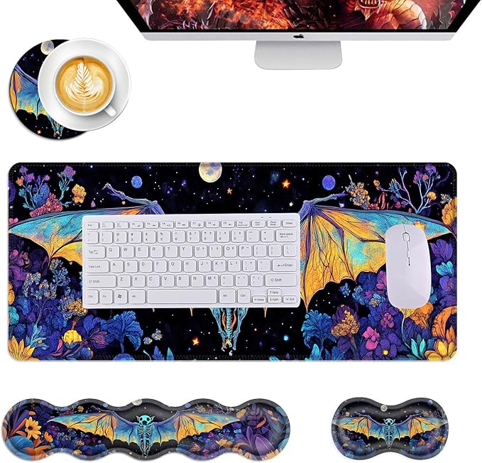 Mouse PadLarge Desk Mat Set 4in1 XL Mousepad + Keyboard Wrist Rest+Mouse Wrist Rest+Coaster with Ergonomic Desk Pad for Home Office Table Computer Cover -Neon Skeleton Bat