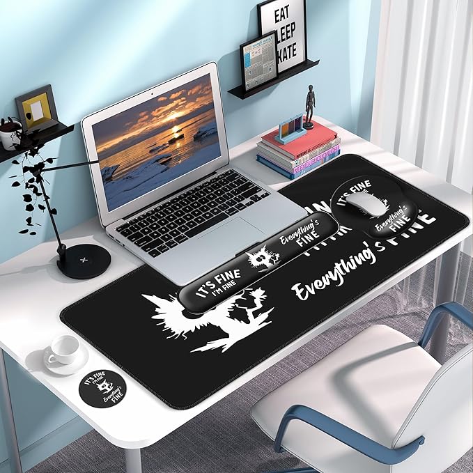 Desk Mat Set + Keyboard and Mouse Pad with Wrist Rest Support4-in-1 Large Mousepad Computer Mats for Desktop Home &amp Office-It's fine I'm fine Everything is fine