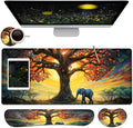 Large Mouse Pad + Keyboard Wrist Rest Set Extended Gaming Mousepad (31.5X11.8 inch) with Non-Slip Rubber Ergonomics Memory Foam Mouse Wrist Rest Support Colorful Tree of Life + Elephant Desk Pad