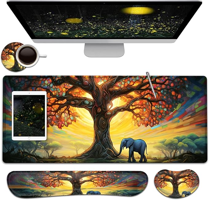 Large Mouse Pad + Keyboard Wrist Rest Set Extended Gaming Mousepad (31.5X11.8 inch) with Non-Slip Rubber Ergonomics Memory Foam Mouse Wrist Rest Support Colorful Tree of Life + Elephant Desk Pad