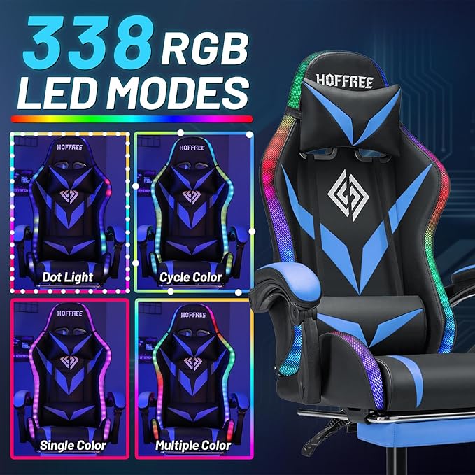 HOFFREE Gaming Chair with LED RGB Lights Massage Video Gamer Chairs with Footrest Ergonomic High Back Reclining Computer Chair with Adjustable Lumbar Support Blue and Black