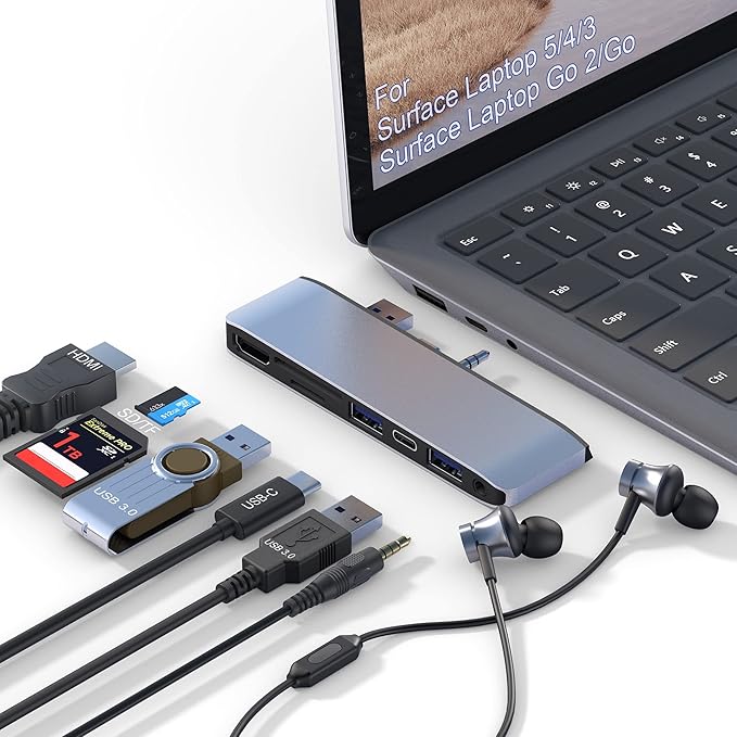 Surface Laptop 6/5/4/3/Laptop Go/Go2 Hub Docking Station with 4K@30HZ HDMI +2*USB 3.0 +USB-C +SD TF Card Slot +3.5mm Audio Adapter for Surface Laptop 3/4/5/6/Laptop Go/Go2