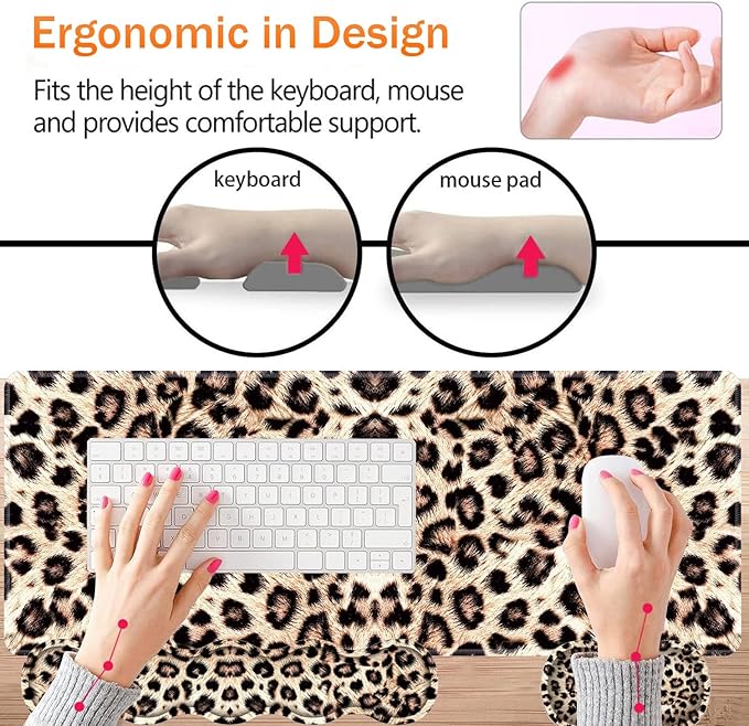 Large XXL Gaming Desk Mat 31.5x 11.8 Ergonomic Keyboard Wrist Rest &amp Mouse Pad Wrist Rest + Coaster Set Non-Slip Base Memory Foam Office and Home Leopard Print