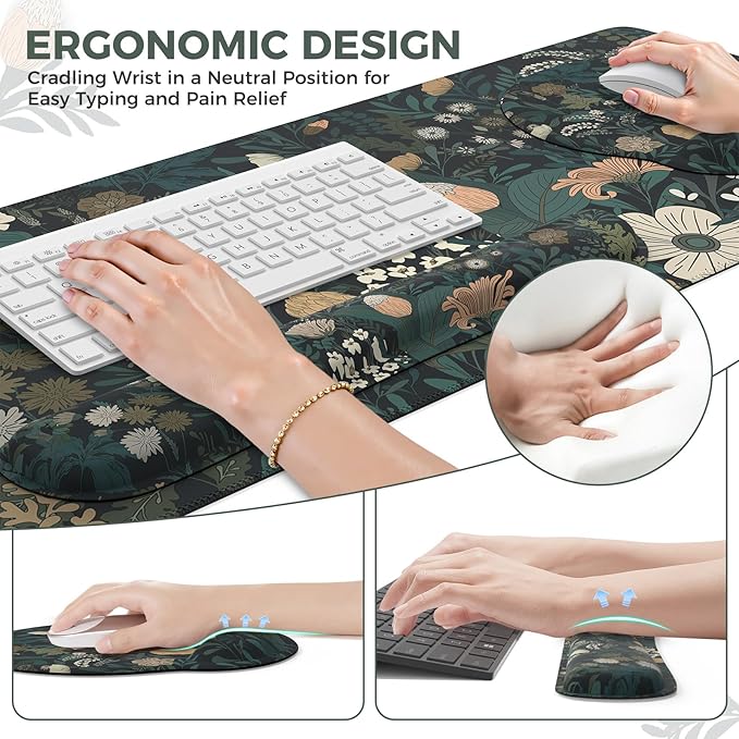 iCasso Desk Cover Mat 4in1 Floral Large Mouse Pad with Wrist Rest Desk Matt for Desktop Anti-Slip XXL Big Computer Ergonomic Mousepad with Wrist Support for Keyboard and Mouse (Weeds)