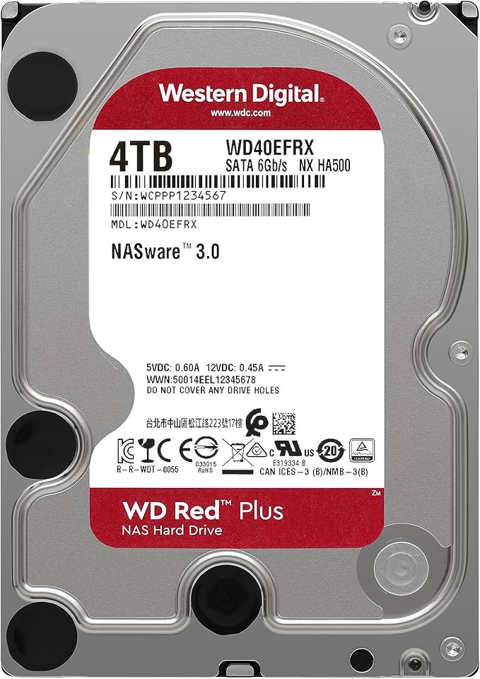 Western Digital 4TB WD Red Plus NAS Internal Hard Drive HDD - 5400 RPM SATA 6 Gb/s CMR 64 MB Cache 3.5 - WD40EFRX