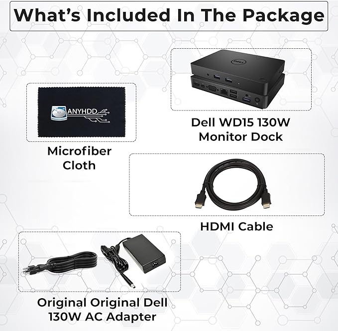 Dell WD15 130W Monitor Dock 4K USB-C - Dell Docking Station for Laptops with 130W AC Adapter + HDMI Cable + Microfiber Cloth (Renewed)