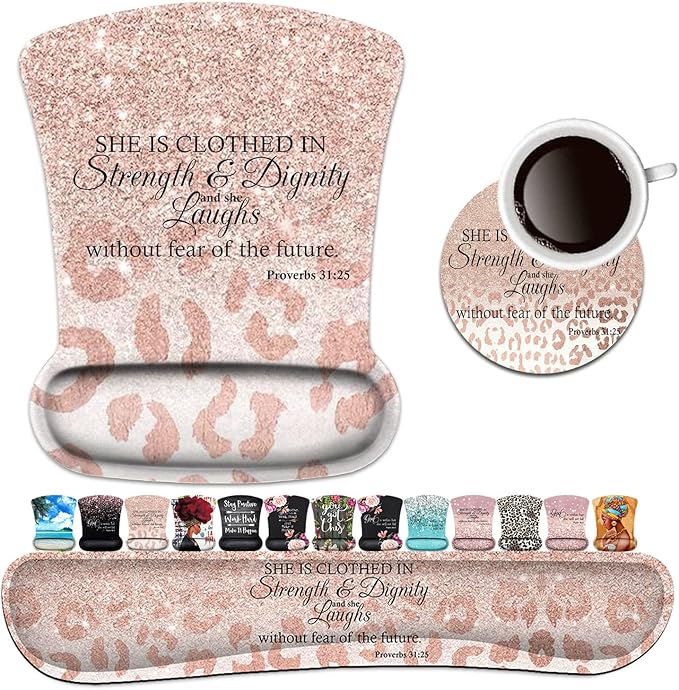 Keyboard Wrist Rest Pad and Ergonomic Mouse Pad Wrist Support Set Proverbs 31:25 Bible Verse Leopard Star Pattern for Gaming Office Comfortable and Pain Relief with Coaster Set