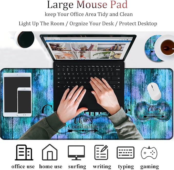 4 in 1 Mouse Pad Combo Large Gaming Mouse Pad + Keyboard Wrist Support + Mouse Wrist Rest + Coaster Table Pad with Stitched Edge Memory Foam Ergonomic Wrist Pad Set Chaos Coordinator