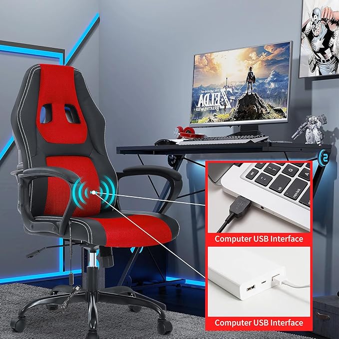 Video Gaming Chair with Massage Function Ergonomic Computer Desk Chairs Home Office Desk Chair with Lumbar Support Adjustable Height Swivel Wheels Red