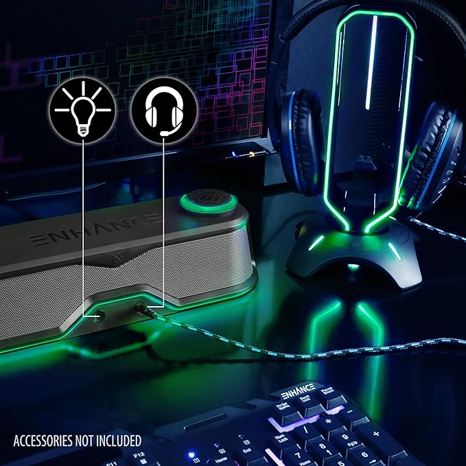 ENHANCE SB1 High Excursion Computer Soundbar - USB Powered Computer Speaker Under Monitor Speaker with 10W Peak LED Volume Control Knob Headset Pass Through Gaming Soundbar for PC