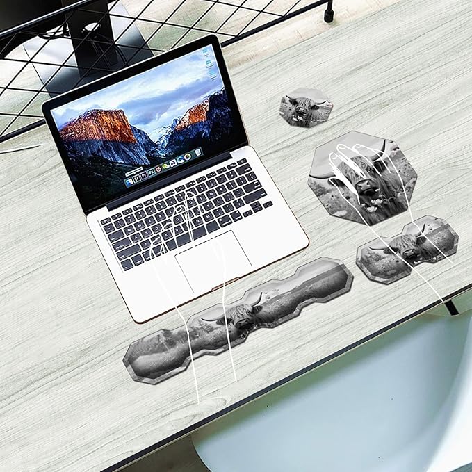 Ergonomic Mouse Pad with Wrist Support Gel and Keyboard Wrist Rest Set + Coaster Cute Mouse Pads Non Slip Rubber Base Mousepad for Computer Laptop Home Office Working GamingHighland Cow Ox Cattle