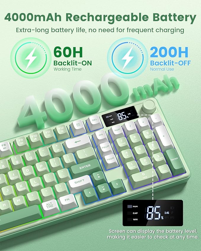 Keymatic Gaming Keyboard Wireless Creamy Keyboard with Media Knob &amp Screen Cute Keyboard Mechanical Feeling Membrane Keyboard with Number Pad RGB Backlit Tri-Mode BT/2.4GHz/USB-C - Green