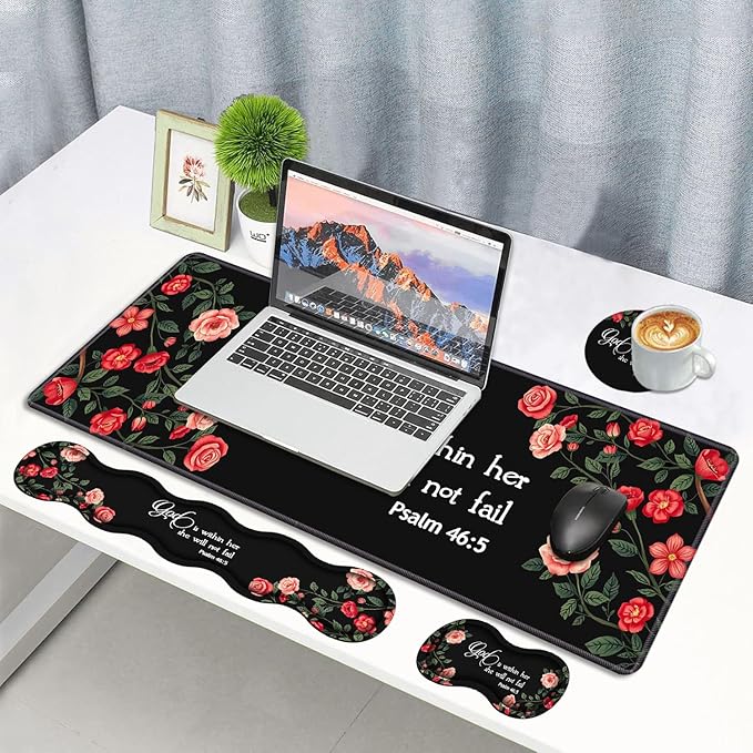 4 in 1 Ergonomic Memory Foam Mouse Pad Wrist Rest Set Large XXL Gaming Desk Pad + Keyboard Wrist Rest + Mouse Wrist Cushion + Coaster for Home Office Study Gaming Floral Quote Bible Verse Psalm 46:5
