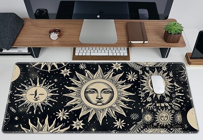 Wrist Rest Pad Small Mouse Pad and Office Desk Mat Set 3 in 1 Desk Pad 11.8 x 23.6+Mousepad +Mouse Wrist Rest with Ergonomic Design Non-Slip for Home Gaming Computer Sun Moon