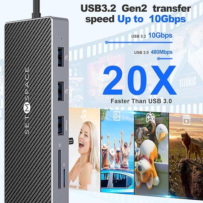 SETMSPCE Docking Station(Three Monitors) DP 4K@60Hz 2*HDM 4k@60HzPD100W 2*USB-A 10Gbps PD100W RJ45 1000Mbps 2*USB-A 2.0 SD/TF Audio Docking Station for USB-C Devices' Data Transmission