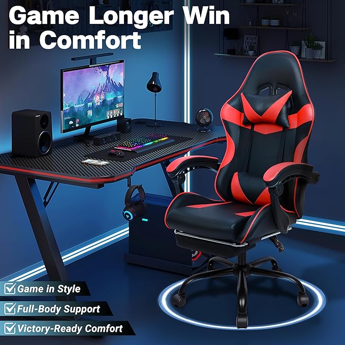 Gaming Chair Ergonomic Computer Chair with Footrest and Lumbar Support Height Adjustable Office Chair with 360° Swivel Seat and Headrest (Red &amp Black)
