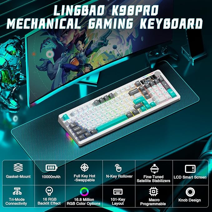 LINGBAO K98 PRO 96% Mechanical Keyboard Wireless with Screen &amp Knob Creamy Gaming Keyboard Tri-Mode BT5.0/2.4GHz/USB-C Gasket Mount Hot-Swappable Linear Switches RGB Backlit Gamer Keyboards fo