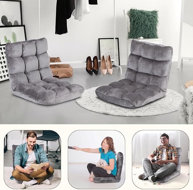 Nouva Adjustable Floor Chair 14-Position Sofa Bed Foldable Cushion Video Gaming Chairs Bean Bag Chair Reading Seating for Adults Kids Teens for Bedroom Living Room Indoor UseGrey
