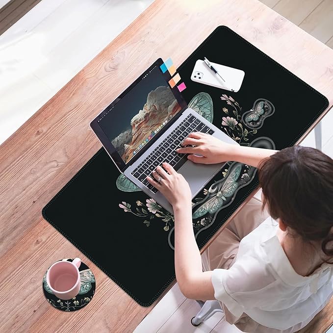Mouse PadLarge Desk Mat Set 4in1 XL Mousepad + Keyboard Wrist Rest+Mouse Wrist Rest+Coaster with Ergonomic Desk Pad for Home Office Table Computer Cover -Moth Floral Moon