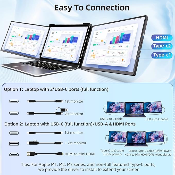Laptop Screen Extender Monitor Portable - 2.5K Triple Laptop Screen Extender Plug and Play Multiple Screens Extended Fits 13-17.3 Inch Laptops Compatible with Windows Chrome Dex