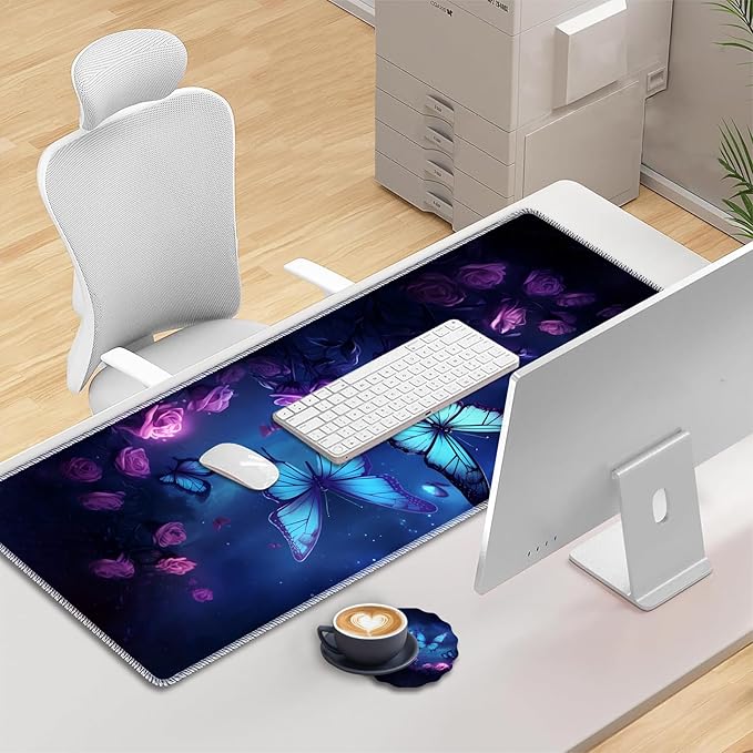 Mouse Pad Set Large Gaming Mouse Pad (31.5X 11.8 inches)+ Wrist Rest Pad + Coaster Ergonomic Wrist pad Home Office Desk Accessories Decor Supplies Starry Sky Butterflies and Purple Roses