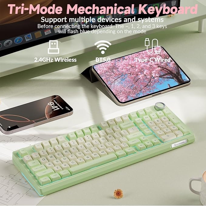 SOLAKAKA KI99 Pro Wireless Mechanical Keyboard Quiet SwitchHot Swappable Pre-Lubed Switches Silent Keyboard with RGB BacklitGasket Structure Computer Gaming Keyboards(GreenWhite Silent Switch)