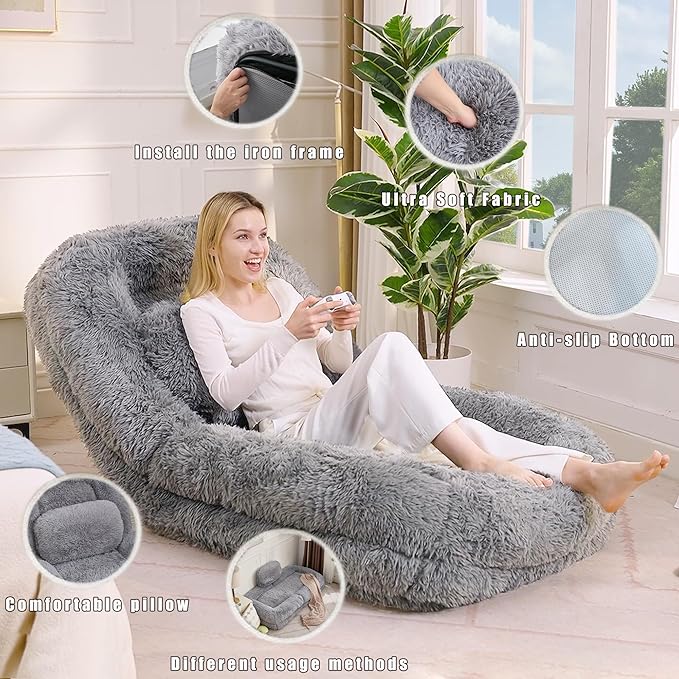 Floor Chair with Back Support Human Dog Bed with 5 Adjustable Position Convertible Lazy Floor Lounger Comfy Gaming Chair Plush Folding Sofa Bed for Adult Living Room Bedroom Light Gray