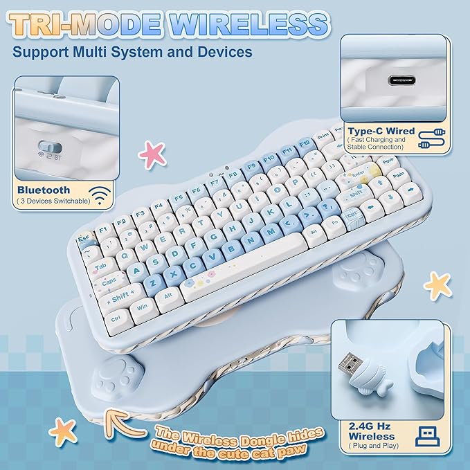 YUNZII C75 Wireless Mechanical Keyboard75% Layout Hot-Swappable NKROBT5.0/2.4G/USB-C ModeDye-Sub PBT MOA KeycapsRGB Gasket MountCute Cake Design for Mac/Win/Gaming (Blue Candy Switch)