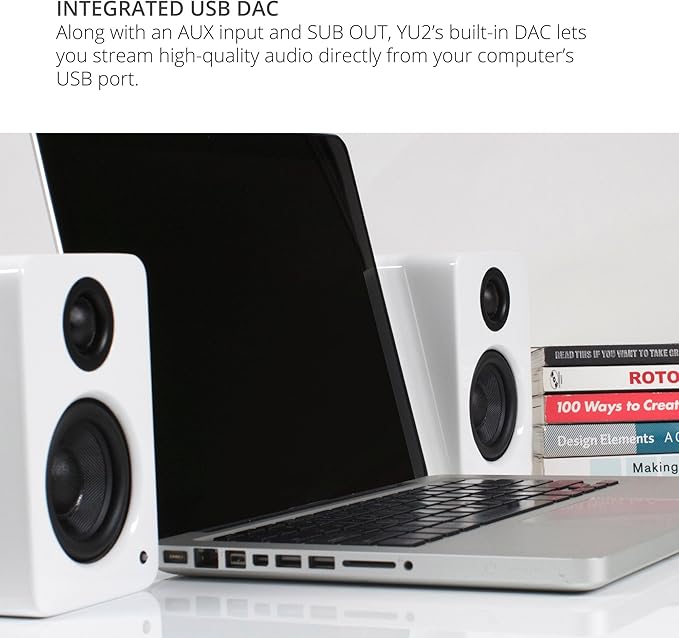 Kanto YU2GB PC Gaming Desktop Speakers | 3 Composite Drivers | 3/4 Silk Dome Tweeter | Class D Amplifier | 100 Watts | Built-in USB DAC | Subwoofer Output | Pair | Gloss Black