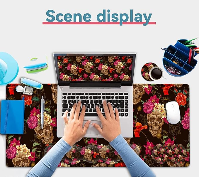 Black Mouse PadKeyboard Mouse Pad SetExtended Gaming Mouse Pad + Memory Foam Keyboard Wrist Rest Support Rose Flower Skull Office Desk Mat Writing Pad Easy Typing XXL Large Mousepad Desk Mat