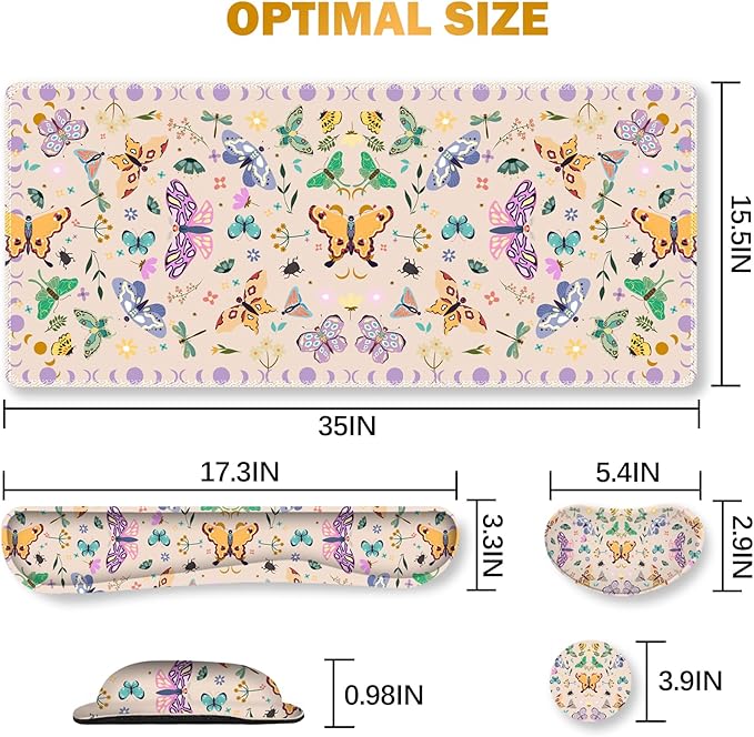 ARTSO Desk Mat Set Apricot Extended Gaming Mouse Pad with Wrist Rest Support +Keyboard Wrist Rest +Coaster Large Cute Butterfly Mousepad Easy Typing and Pain Relief