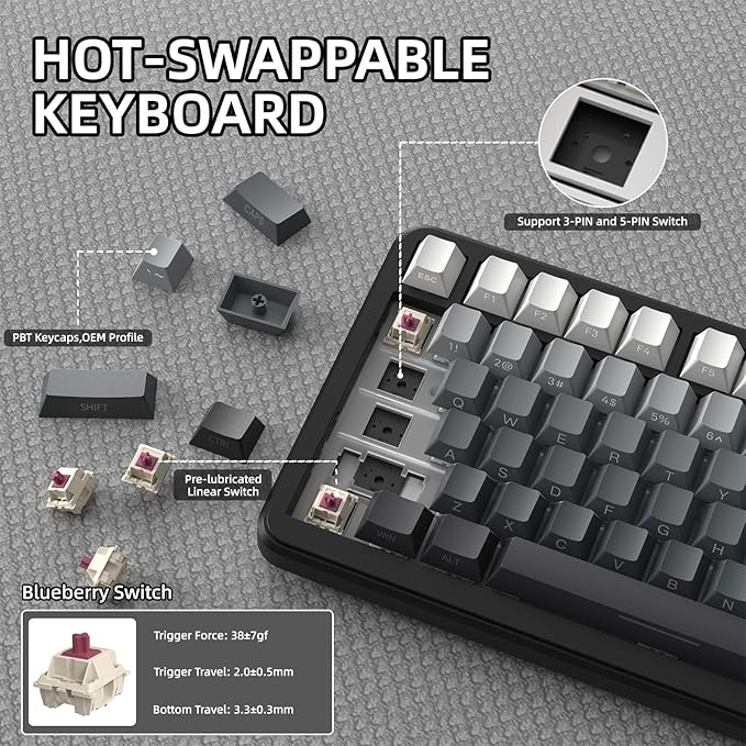 ATTACK SHARK X85PRO 75% Wireless Mechanical KeyboardTFT Smart Display &amp KnobBT/2.4GHz/Wired Gaming KeyboardSide Printed &amp 5 Color PBT KeycapsGasket RGBHot-Swapwith Pro Cable for PC/MAC