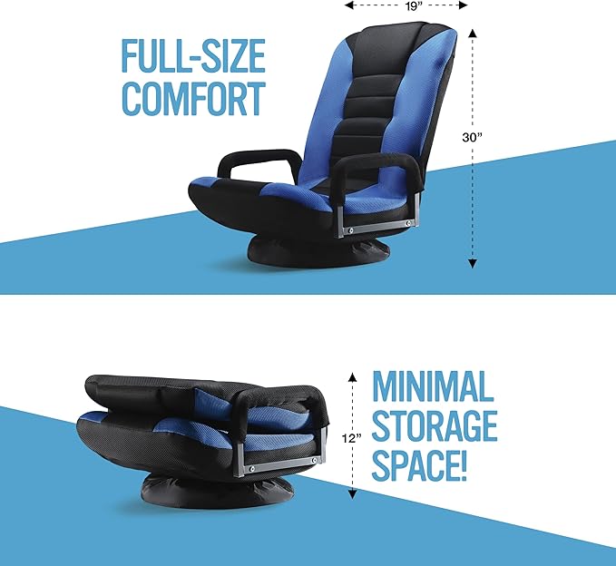Swivel Floor Gaming Chair - Video Lounger Enjoy 6 Different Positions Adjustable Backrest Removable Arm Rests Folds to Store Stylish Blue with Black Center Stripe