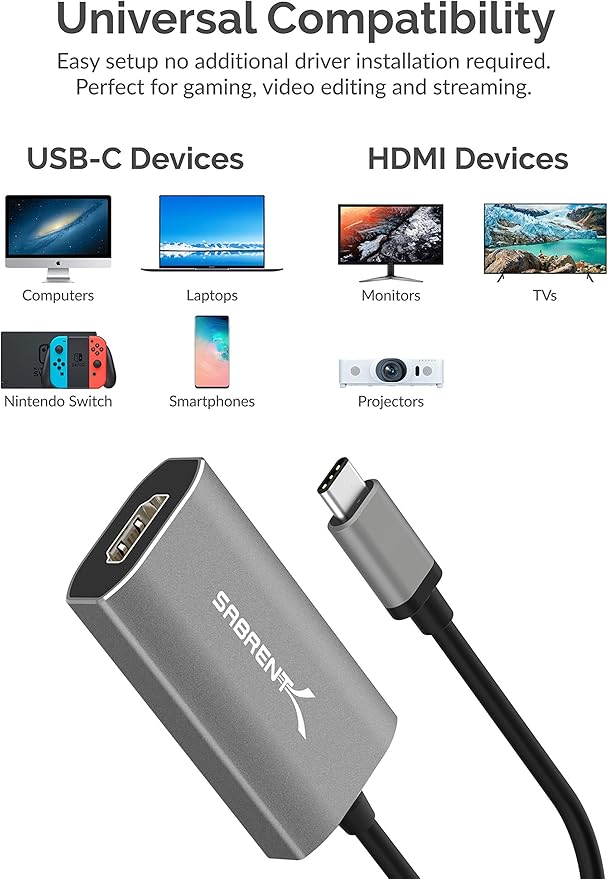 SABRENT USB Type C to HDMI 2.1 Adapter | 8K/60Hz &amp 4K/120Hz with DSC Function | 8K/30Hz &amp 4K Resolution Without DSC | Thunderbolt 3 Compatible (DA-UCH8)