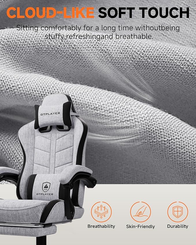 GTPLAYER Gaming Chair with Footrest Computer Gaming Chair for Adults and Kids Height Adjustable Gamer Chair with 90-155° Recline &amp Removable Headrest Lumbar SupportLinen Fabric Gray-Black