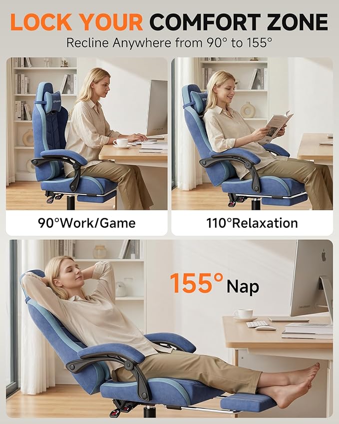 GTPLAYER Gaming Chair for Adults Ergonomic Computer Gaming Chair with Footrest Height Adjustable 90-155° Recline &amp Removable Headrest Lumbar Support Blue