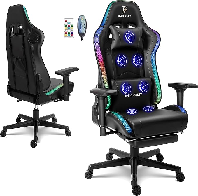 TBQATNTS Gaming Chair Computer Chair with Footrest and Lumbar SupportRGB Computer Chair with Massage Function and SpeakersHeight Adjustable Game Chair for Office or GamingBlack