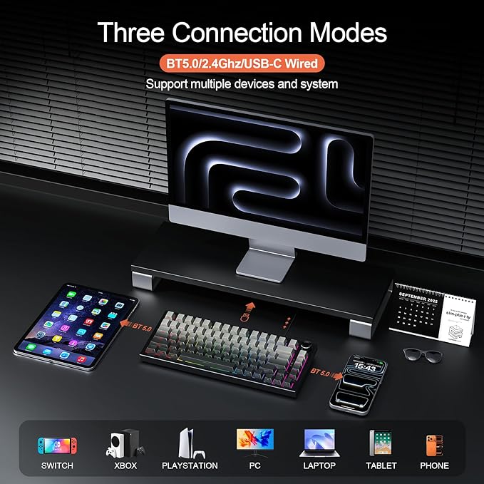 Gurjot Wireless Mechanical Keyboard 75% Hot Swappable Custom Keyboard with KnobPBT KeycapsBT5.0/2.4GHz/USB-CRGB Backlit Mechanical Gaming Keyboards for PC/Tablet/PS/Xbox